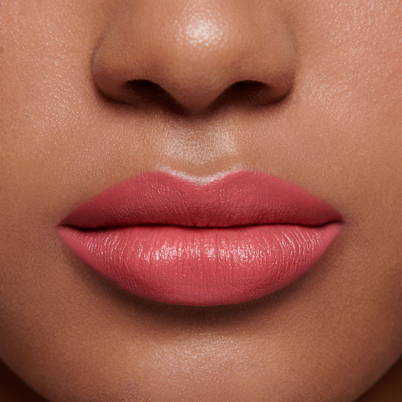 Lily Lolo Vegan Lipstick Flushed Rose applied on lips
